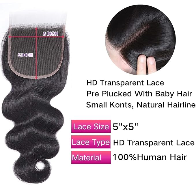 Selina 5x5 Lace Closure Body Wave Human Hair Unprocessed Human Hair Pre Plucked Wiht Baby Hair Brazilian Virgin Hair Free Part Closure Natural Black Color 16 Inch