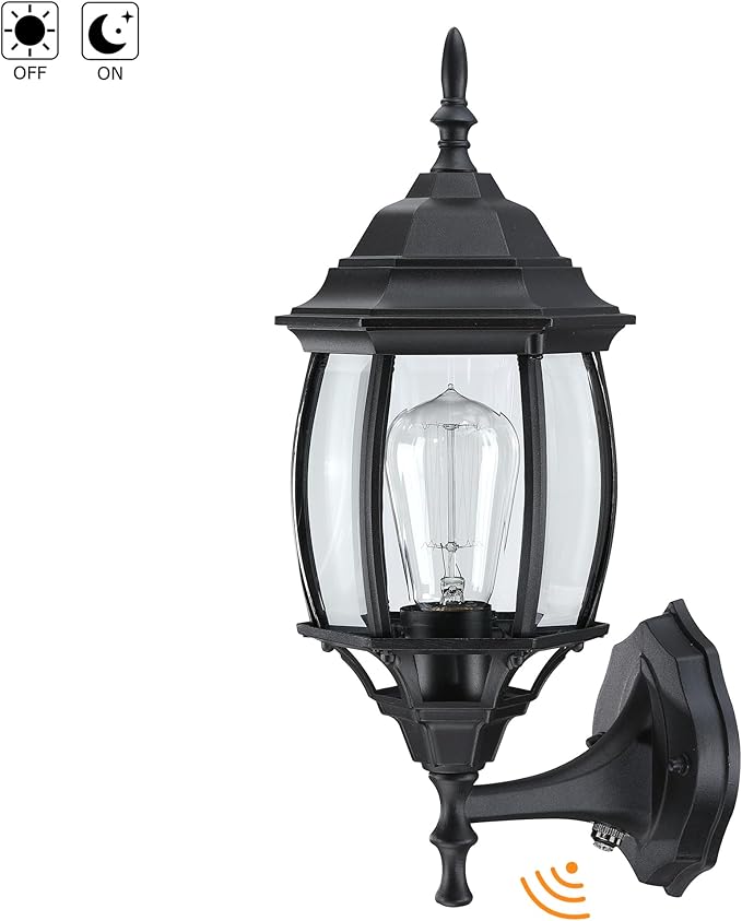 2 Pack Black Dusk to Dawn Outdoor Wall Lights - 16.8 Inch Garage Side Light for House Outside Dusk to Dawn Wall Lantern, Black Vintage Porch Sconce Light for Front Door,Entrance,Balcony,E26