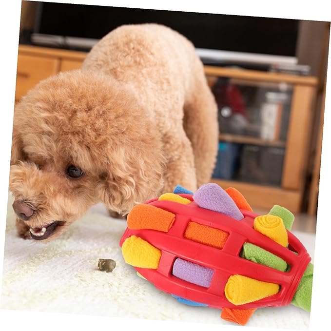 Interactive Snuffle Ball Dog for Treat Dispensing and Training Chew-Resistant Enrichment Puzzle for Mental Stimulation Red Rugby Shape Easy to Clean for Boredom Relief and Habit