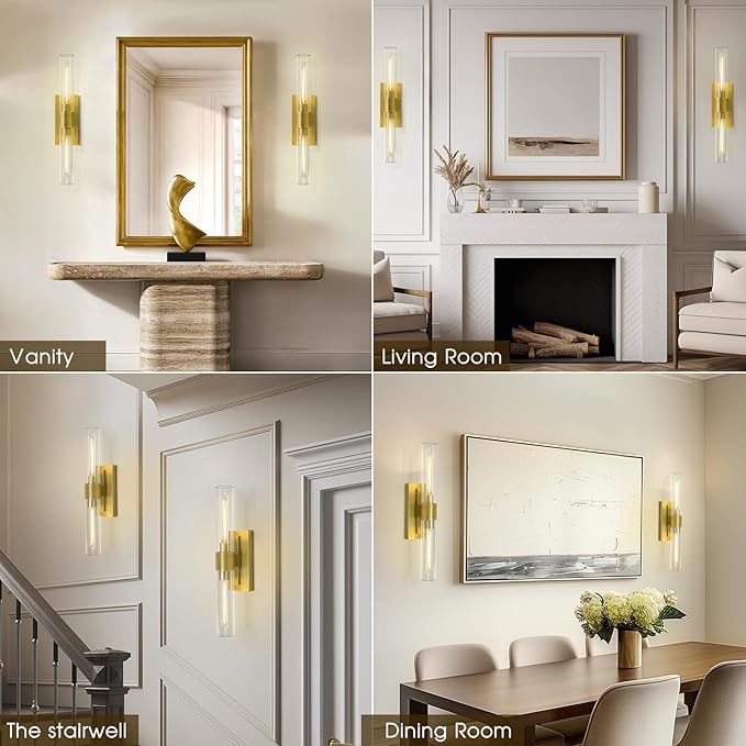 Brass Bathroom Vanity Light, 2-Light Bathroom Wall Sconce Over Mirror, 22.8" Gold Vanity Light for Bathroom, Dimmable Vanity Sconce with Glass Tube, Bathroom Linear Sconce for vertical and horizontal