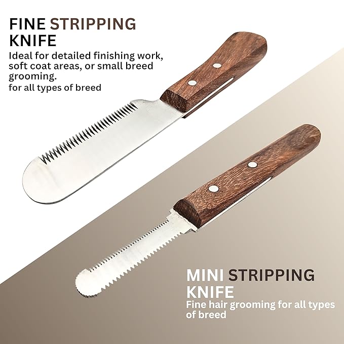 Professional Stripping Knife Kit for Dogs & Pets – 6 Piece Grooming Set with Wooden Handle – Pet Grooming Tools for Hand Stripping & Deshedding