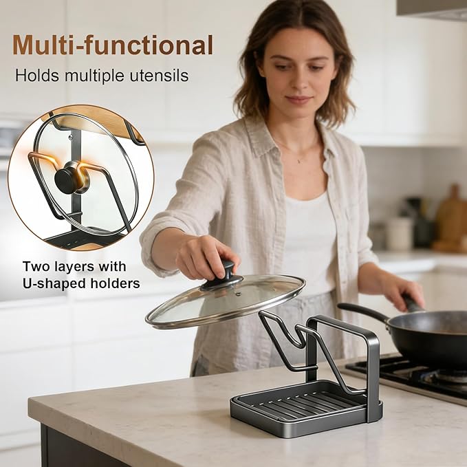 Pot Lid Holder,304 Stainless Steel Pot Lid Holder While Cooking,Kitchen Pot Lid Storage Rack, Removable Drip Tray, Multifunctional Kitchen Organizer Stand for Countertop (White, Double-layer)