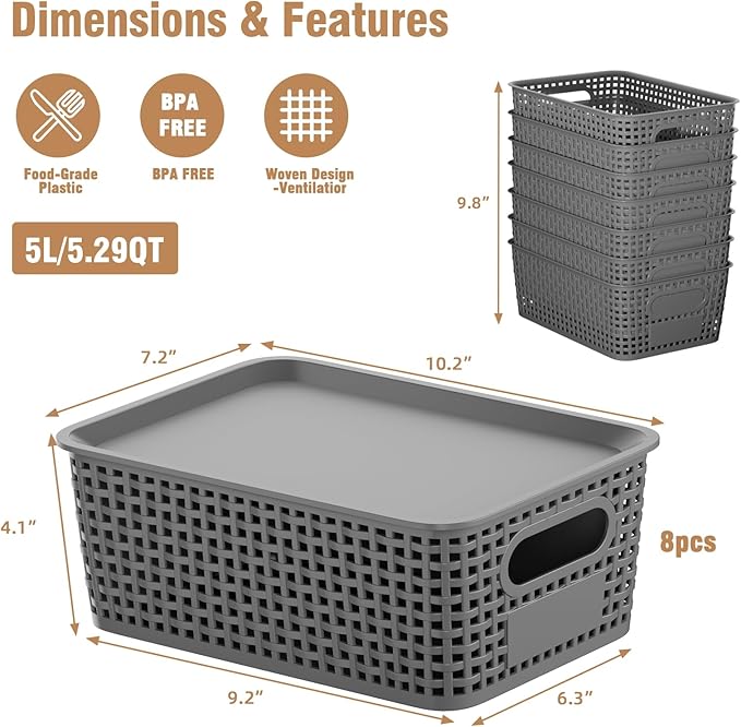 8 PCS Plastic Storage Baskets with Lids, Stackable Storage Bins with Lids & Labels for Organizing, Small Storage Bins for shelves, Office, Drawer, Cabinet & Pantry,Nursery Organization,10.2*7.2*4.1In