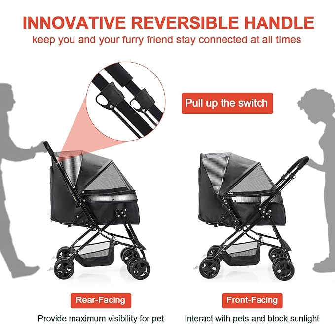 Dog Stroller for Large Medium Dogs & Cats with Reversible Handle, Foldable Pet Stroller Travel Carriage with Large Storage Basket, Black