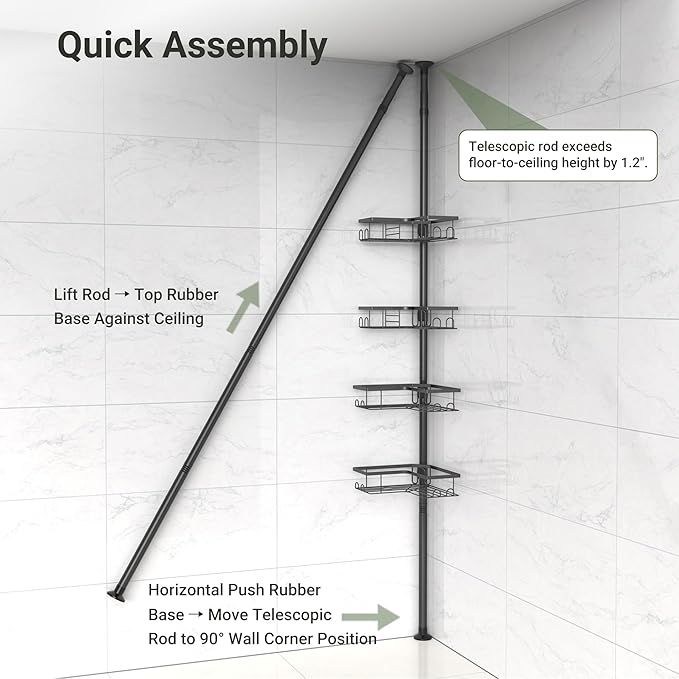 Corner Shower Caddy Tension Pole, 4-Tier Stainless Steel Rustproof Bathroom Shower Organizer，47-114Inch Height Adjustable Shower Shelves, No-Drill Required Black