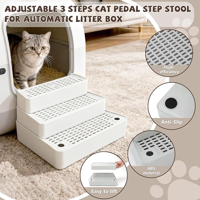 Adjustable 3 Steps Cat Ramp for Litter Box, Detachable Cat Pedal Step Stool with Filter Function, Double Layered Cats Litter Trapper, Suitable for Small&Elderly Cats, Non-Slip(Grey)