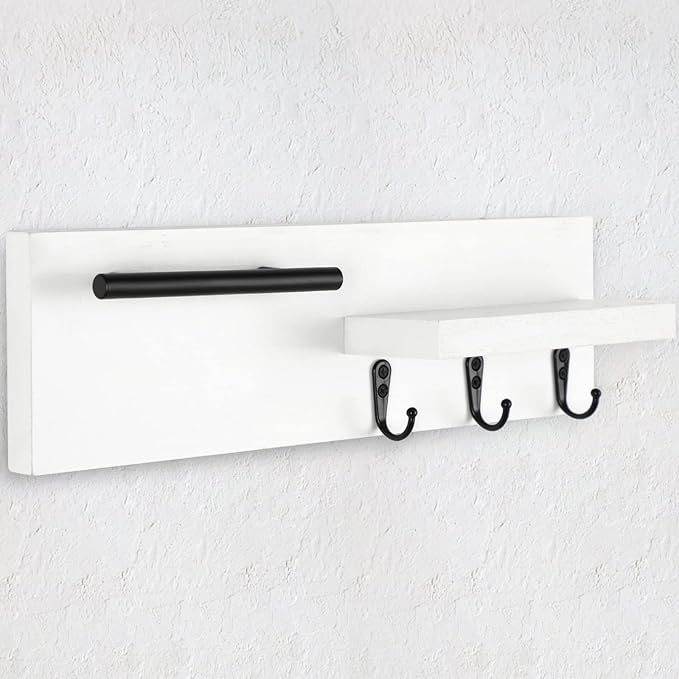 Key Holder for Wall, Decorative Entryway Shelf with Hooks Holds Keys, Dog Leash, Sunglasses – Key Hanger with 3 Hooks Organizes, Enhances Home Decor (15” x 4.5” x 2.6”) (White)