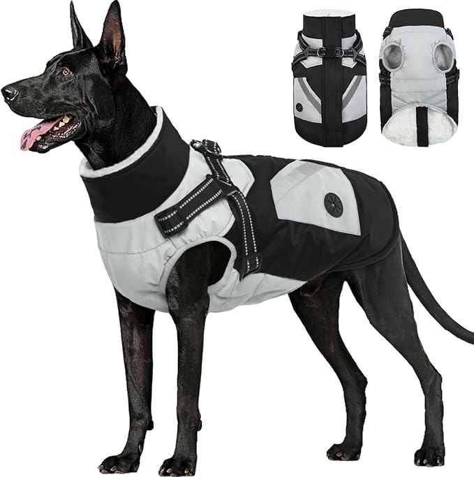 FUAMEY Dog Winter Jackets for Large Dogs,Dog Coat with Harness Built in,Waterproof Dogs Snowsuits Warm Pet Jacket Zip Up Fleece Cold Weather Coats Reflective Puppy Vest with Pocket Black 2XL