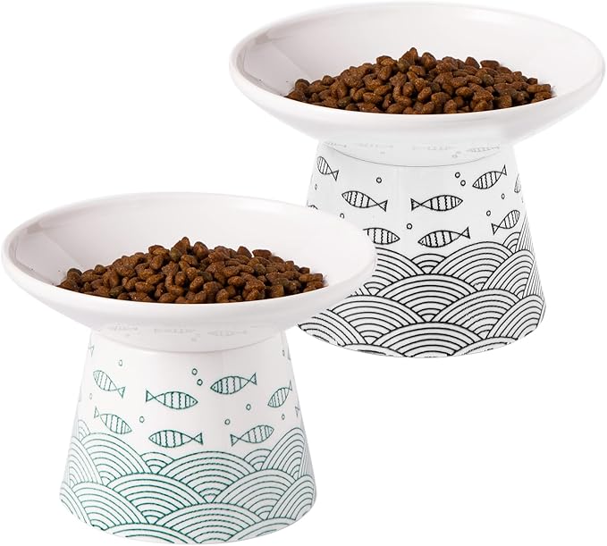 OMAYKEY 6.25 Inch Extra Wide Ceramic Raised Cat Bowls, Elevated Cat Bowls for Food & Water, Wide Shallow Cat Food Dish, Whisker Fatigue, Stress Free, Protect Spine, Black & Green Fish