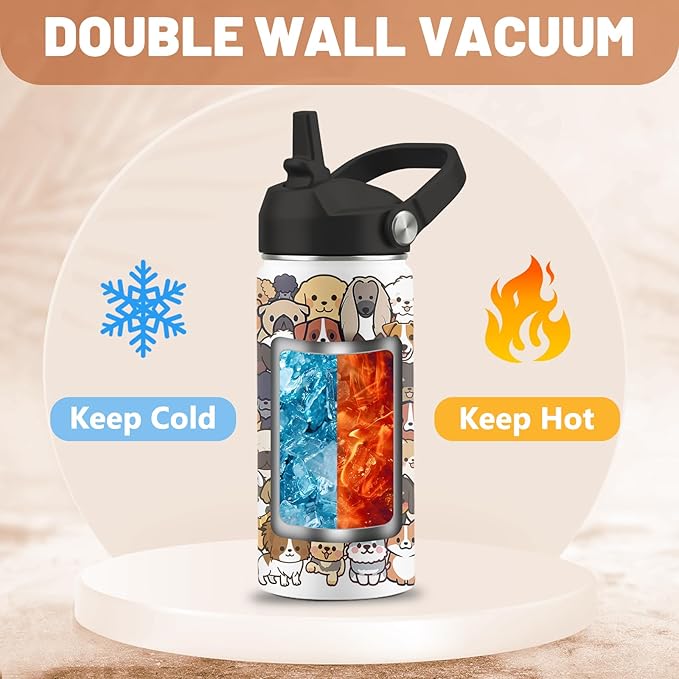 Dog Lover Gifts, 16 oz Water Bottle with Straw Lid, Stainless Steel Insulated Dog Water Bottle, Cute Puppy Tumbler for Travel Outdoor (1pcs)