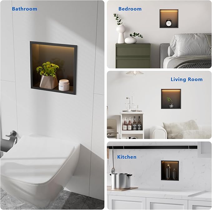 QAOYEDE 12"x12" Stainless Steel LED Shower Niche, Matte Black No Tile Needed Recessed Shelf, Over Mount Bathroom Wall Storage for Soap & Accessories