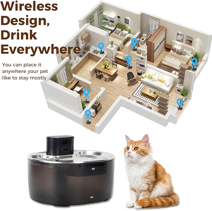 Pumpless Cat Water Fountain Stainless Steel, 108oz/3.2L Wireless Cat Dog Pet Fountain, 5000mAh Battery, Sensor, Timer and Continuous Water Modes, Suitable for Cats and Small Dogs Indoor