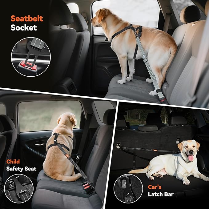 2Pcs Dog Seat Belt, Dog Car Seat Belt Bungee, Car Harness for Pet with Buckle & Hook Latch, Safety Leash Vehicle, Adjustable Reflective Pet Vehicle Tether, 360° Swivel Lock Clasp, Gray & Black
