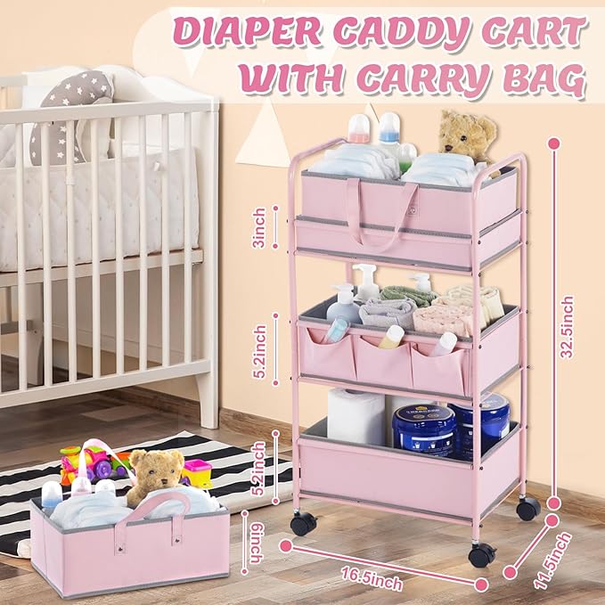 Honeydak 2in1 Baby Diaper Caddy Organizer Cart 3 Tier Large Capacity Metal Utility Bedside Rolling Cart with Divider Newborn Registry Nursery Essential Must Have Crib Bedroom Baby Shower(Pink)