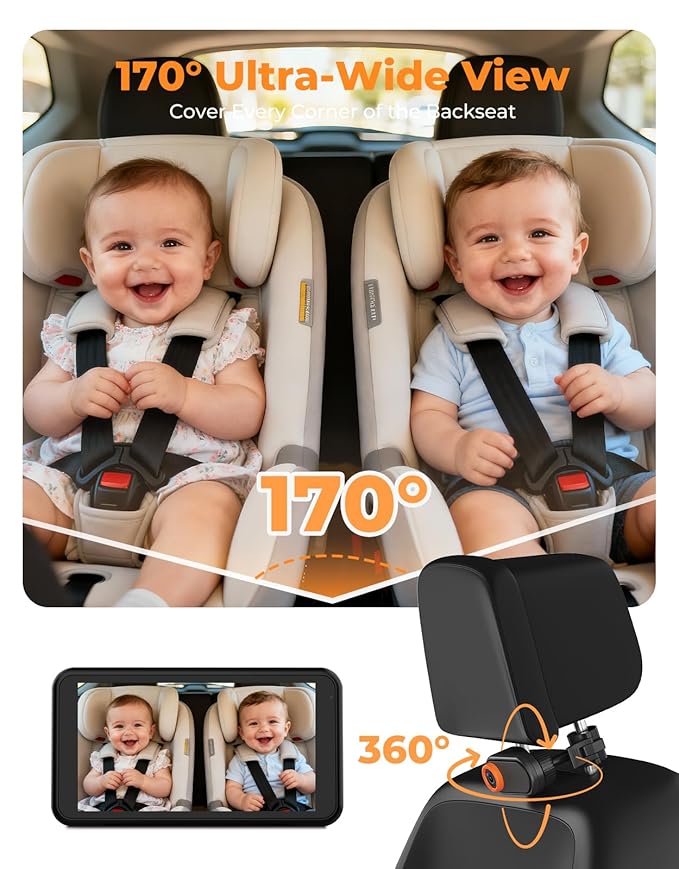 BM2A Baby Car Camera – 3X Zoom to See Baby Clearly, 5.2" 1080P Display & Auto IR Night Vision, Rear-Facing View Monitor, Easy Install for Parents & Pet Owners