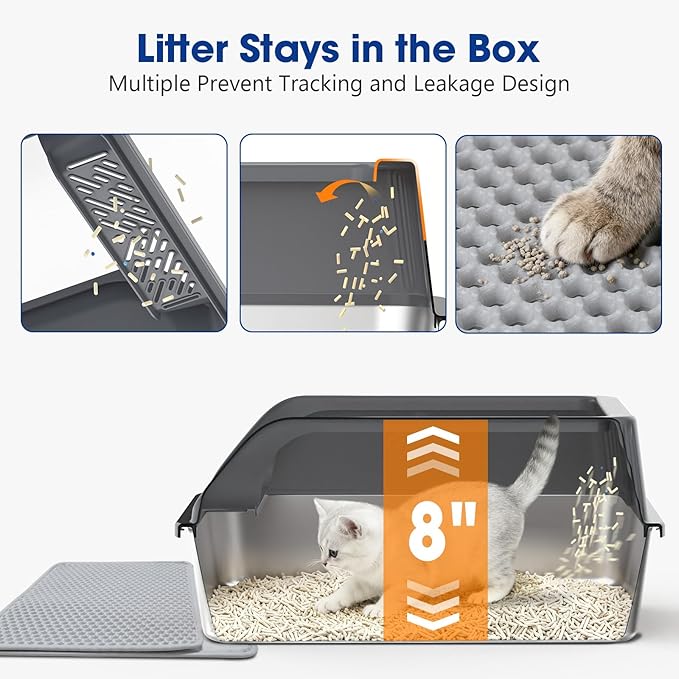 Small Stainless Steel Litter Box with Lid for Kitten, Metal Cat Litter Boxes High Sided Enclosed for Injured Cats and Rabbit, Anti-Urine Leakage | Non-Stick Bottom & Includes Scoop