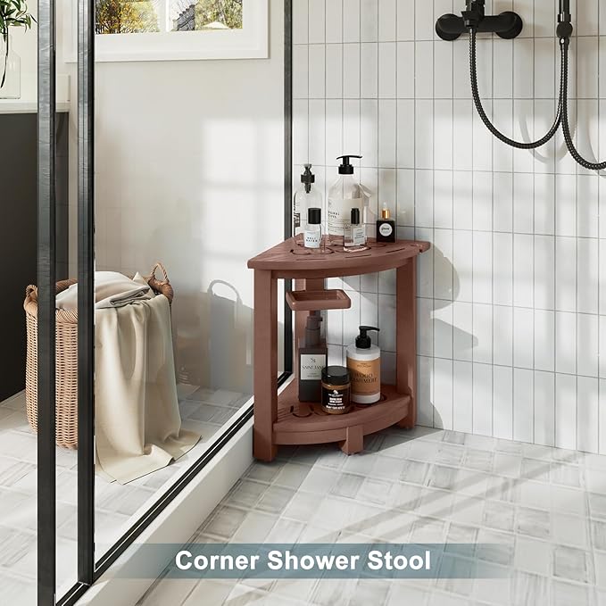nalone Corner Shower Stool, HDPE Shower Bench for Inside Shower, Small Shower Chair Seat for Shaving Legs with Storage Shelf, Soap Box and No-Slip Feet (Brown)