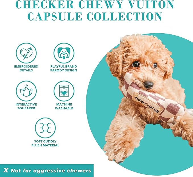 Haute Diggity Dog Large Checker Chewy Vuiton Plush Dog Toys for Small, Medium & Large Dogs, 3-Pack Durable Stuffed Designer-Inspired Pet Toys with Interactive Squeaker, Machine-Washable & Safe