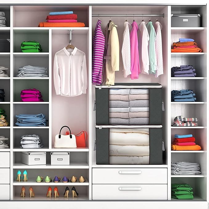 Large Storage Bags, 8 Pack Clothes Storage Bins Foldable Closet Organizers Storage Containers with Durable Handles Thick Fabric for Blanket Comforter Clothing Bedding 90 L (Gray)
