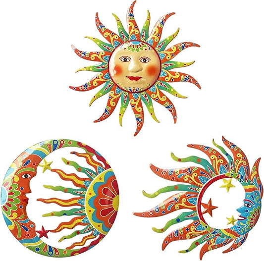 Limygus 3D Printed Sun Moon Metal Wall Art - Rust Colored Rust Proof Wall Sculpture Set of 3 for Indoor & Outdoor Decor for Bedroom, Garden, Patio, Farmhouse