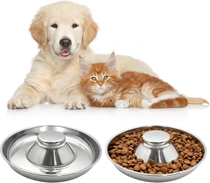 2 Pack Stainless Steel Puppy Bowls, Non-Skid Slow Feeder Bowls for Dogs, Raised Dog Food and Water Dish for Feeding Small Medium Large Breeds, Cats and Multiple Pets