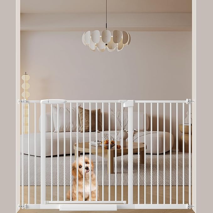 WAOWAO 1.37" Ultra Narrow Spacing Extra Wide Dog Pet Gate 45.86-53.74" Pressure Mounted Walk Through Double Lock Swing Auto Close Safety White Metal Toddler Baby Puppy Pet for Indoor,Doorway,Kitchen