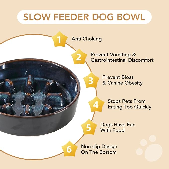 Ceramic 0.9 Cup Raised Slow Feeder Dog Food and Water Bowl Set, Elevated 6.1inch Bowl and 6.1inch Dish with Acacia Wood Stand for Small Dogs (2 x Starry Sky+ Stand)