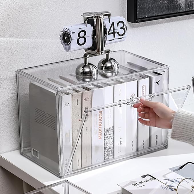 Clear Acrylic Bookcase, Book Organizer Box, Portable Book Containers with Magnetic Door, Stackable Display Case for Purses Handbags Dolls Toys Shoes(Clear, 14.17" ×10.63"×8.66")