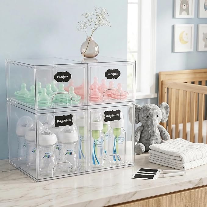 TOOGE Stackable Baby Bottle Organizer: Acrylic Bottle Organizer Baby Storage Drawers Clear Bottle Station Organization for Countertop Cabinet Vanity with 4 in 1 Cup Lid Cleaning Brush & Label - Tall