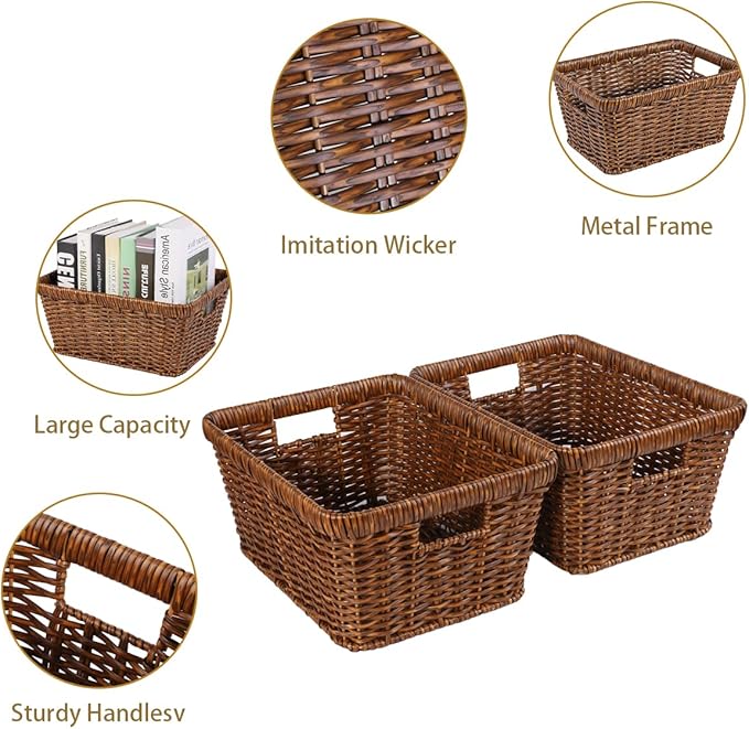 2pcs Wicker Storage Basket for Shelf, Waterproof Large Storage Baskets Bins with Handles, Stackable Rectangle Baskets for Shelves, Closet, Pantry, Laundry Organizing, Toffee
