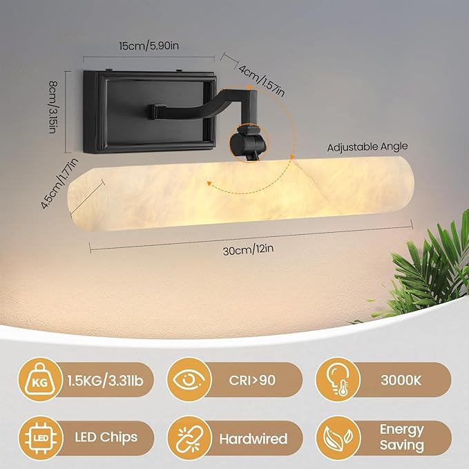 Alabaster Picture Light Hardwired, Modern Spanish Marble Bathroom Lights over Mirror, 12in Black Vanity Lights for Wall, Dimmable Gallery Light, Picture Frame Light for Painting, Artwork, Bookcase