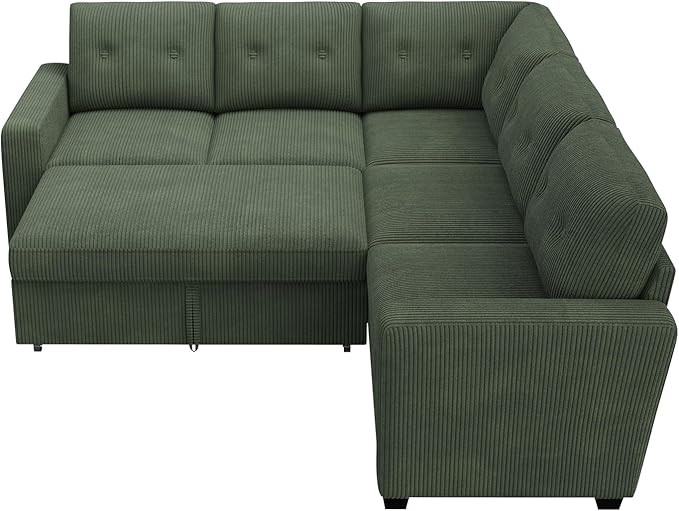 HONBAY 83.4 Inch U-Shaped Sectional Sleeper Sofa with Pull-Out Bed, 5-Seater Sectional Sofa for Living Room, Pet-Resistant Corduroy Couch, Green