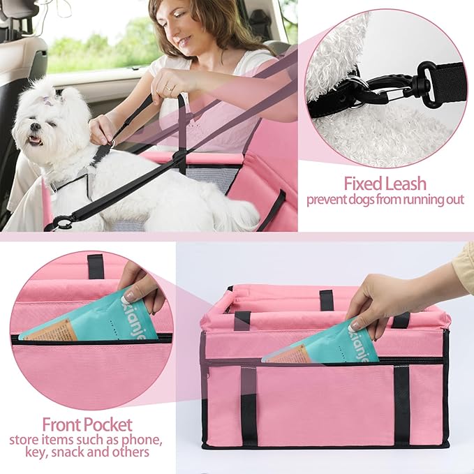 PetsHome Dog Car Seat Foldable Dog Car Booster Seat Waterproof Breathable Oxford Travel Bag for Small to Medium Dogs, Puppies, and Pets-Pure Pink