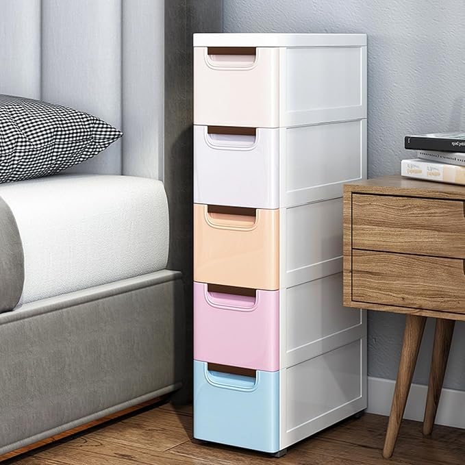 5 Drawers Slim Storage Cabinet,Rolling Narrow Cabinet with Drawer and Wheel,Multifunctional Floor Cabinet for Small Spaces Bathroom Kitchen Bedroom Living Room
