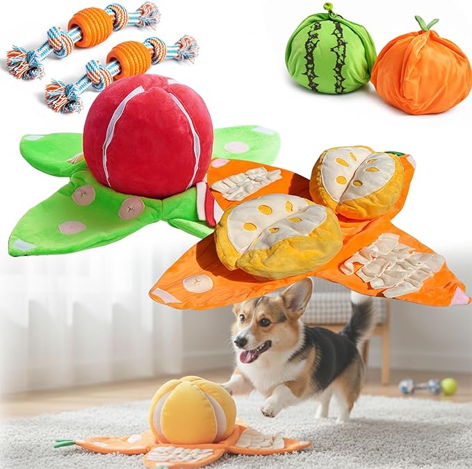Orange Hide-and-Seek Plush Dog Toy, Watermelon Dogs Toy, 3 in 1 Interactive Snuffle Puzzle Dog Toys with Crinkle Papers for Small Medium Dogs Nosework Enrichment for Boredom Relief (2PCSA)