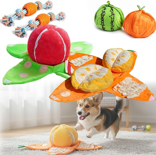 Orange Hide-and-Seek Plush Dog Toy, Watermelon Dogs Toy, 3 in 1 Interactive Snuffle Puzzle Dog Toys with Crinkle Papers for Small Medium Dogs Nosework Enrichment for Boredom Relief (2PCSA)