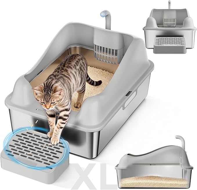 GTPLAYER Stainless Steel Litter Box for Big & Multiple Cats, Easy Clean Odor-Resistant Design, High Sided Leak-Proof Litter Box with Mat & Scoop, Light Gray