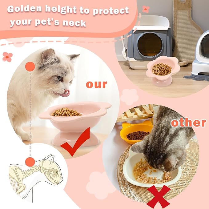 2 Pcs Ceramic Raised Cat Bowls Flower 7 oz Tilted Elevated Cat Food Bowl Cat Dishes for Anti Vomiting Protecting Spine Pet Feeder Water Bowl for Cat Kitten (Pink)