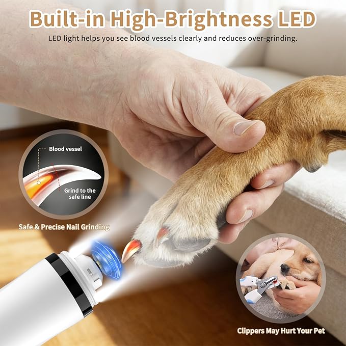 Upgraded 2026 3-Speed Dog Nail Grinder,Ultra-Quiet Rechargeable USB Trimmer with LED Lights & Battery Display –Painless Grooming for Dogs &Cats with Thick Nails &Sensitive Paws for Small to Large Pets