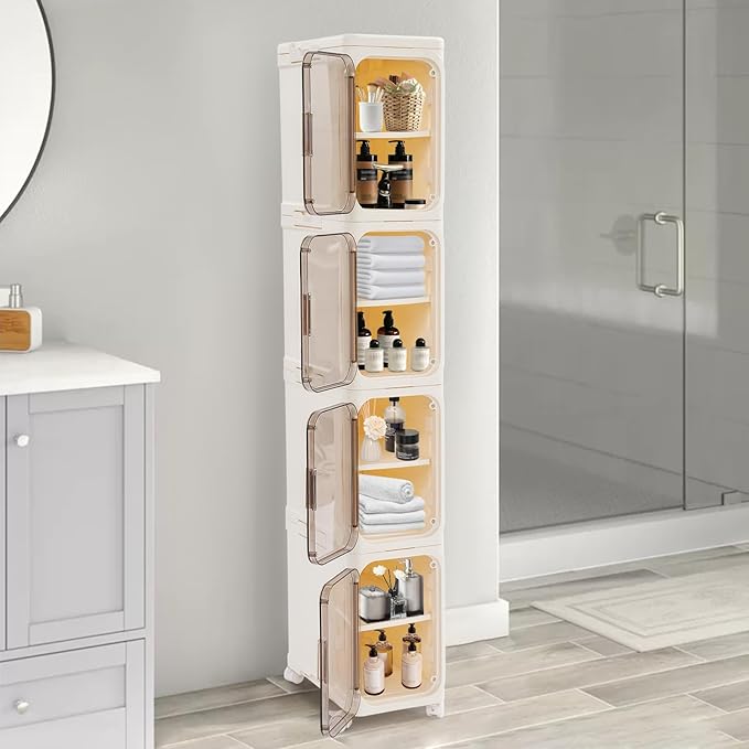 4-Tier Plastic Narrow Storage Cabinet with Movable Wheels & Doors, Tall Slim Bathroom Organizers and Storage Cabinet for Small Space, Bathroom, Kitchen, Laundry (Beige)