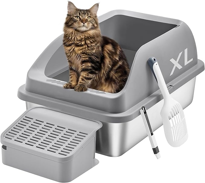 Feandrea Stainless Steel Cat Litter Box with Open Top, High Sided Litter Tray with Step, Scoop, Brush, for Cats up to 33 lb, Slate Gray UPPT008GN01