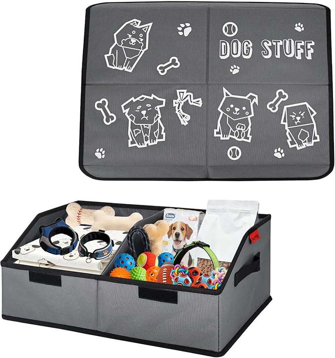Sturdy Removable Divider Dog Toy Basket with Lid, 19" Collapsible Pet Storage and Handle，600D Cute Living Room Puppy Organizer for Pet Toys, Blankets and Accessories - Grey - 1pcs (1 Pack)