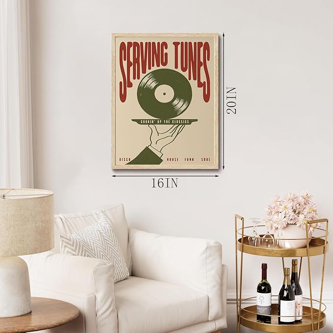 XJYISUO Framed Wall Art Vintage Music Wall Decor Retro Vinyl Record Canvas Art Serving Tunes Pictures Trendy Mid Century Paintings Disco Funk Soul Artwork For Living Room Home Bar Music Room