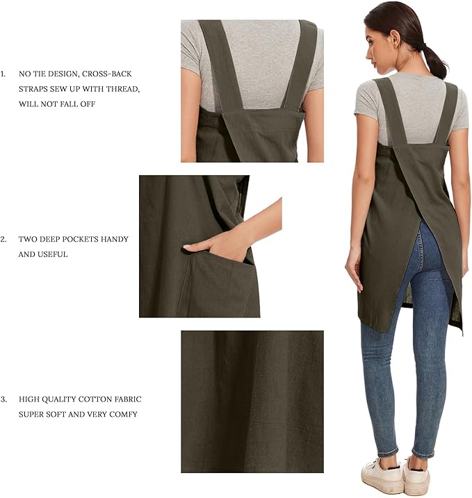Women Apron with 2 Pockets Cotton Linen Kitchen Baking Cooking Chef Cross Back Pinafore Dress