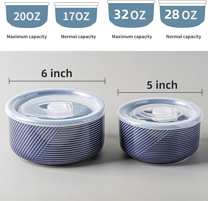 Ceramic Nesting Bowls with Lid: Microwave Safe Food Storage Containers for Work Lunch Picnic Camping Meal Prep Soup Salad Cereal Leftovers - 5 & 6 Inch, 20 & 32 oz, Set of 4, Navy