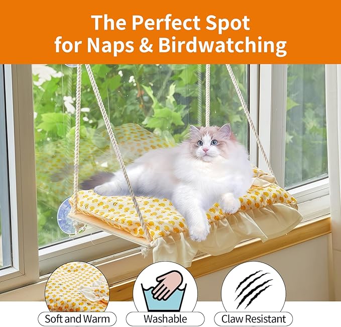 Cat Window Perch, Heavy Duty 20KG/44LB Suction Cup Hammock Bed with Soft Cushion, Secure & Stable Window Mount for Lazy Time, Bird Watching, Safe for Large Cats, 18.9"x14.5" (Yellow Duck)