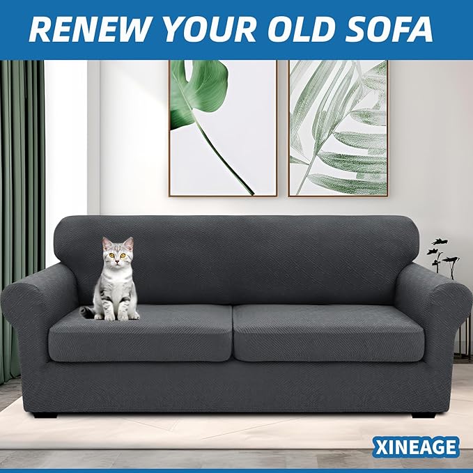XINEAGE 2025 New 3 Pieces Couch Covers for 2 Extra Large Cushion Sofa Super Stretch Sofa Cover for 2 Large Seat Universal Loveseat Slip Cover for Living Room (Dark Gray), 71"-91"(2 Cushions)