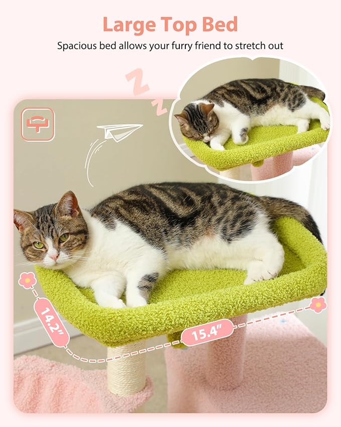 Flower Pink Cat Tree, 35.4" Cute Cat Tower Condo for Indoor Cats w/Large Padded Perch, Cat Scratching Post, Comfy Hammock, and Dangling Ball, for Small-Medium Cats