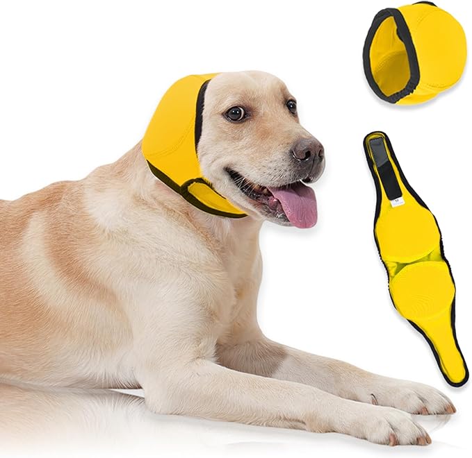 Dog Ear Cover for Hematoma,Bathing,Grooming,Drying,Fashion No Shake Ear Wraps for Dogs Ear Muffs Noise Protection Anxiety Relief,Waterproof Dog Calming Hoodie Shower Cap(Yellow,S)