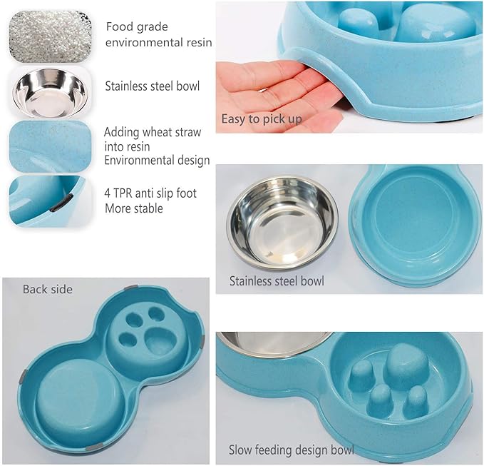 Dog Slow Eating & Drinking Bowl,Stainless Steel Interactive Slow Feed Dog Bowl for French Bulldog,Slow Down Eating Eco-Friendly pet Bowl for Frenchie (Blue)